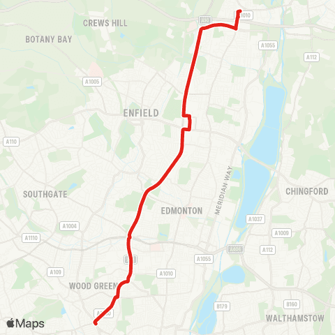 TfL Waltham Cross - Freezywater - Bullsmoor Ln - Great Cambridge Rd - Enfield Retail Pk - Edmonton Cambridge - Westbury Av - Turnpike Ln Sta map