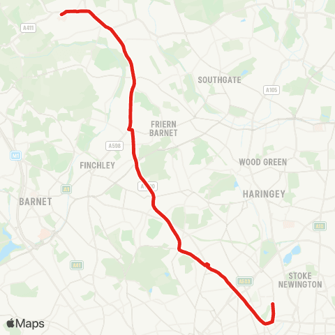 TfL Highbury Barn - Highbury & Islington Sta - Holloway Rd - Archway - Highgate Village - E Finchley - N Finchley - Whetstone - High Barnet - Barnet Hosp map