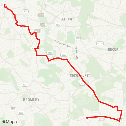 TfL Lewisham, Tesco, Sta and Town Ctr - Manor Pk - Hither Green Sta - Lee - Groce Pk - Chislehurst - St Mary Cray - Petts Wood map