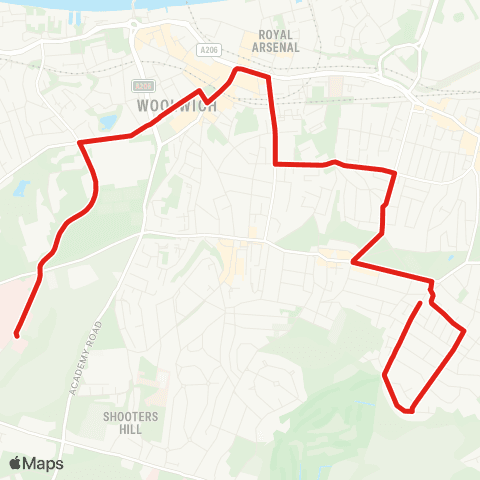 TfL Queen Elizabeth Hosp - Woolwich Arsenal - Raglan Rd - Plumstead Common - Woodlands Estate map
