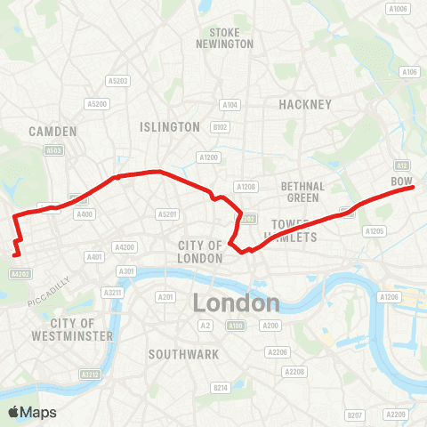TfL Marble Arch - Baker St - King's Cross - Liverpool St - Aldgate - Bow Church map