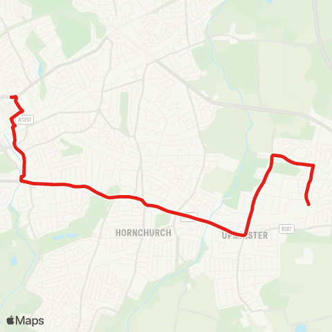 TfL Romford Market & Sta - Roneo Corner - Hornchurch - Upminster Bridge - Upminster Sta - Upminster Pk Estate - Cranham map