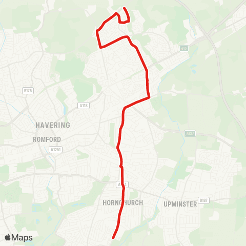TfL Hornchurch, St George's Pk, Sta and Town Ctr - Emerson Pk Sta - Ardleigh Green - Harold Wood Sta - Harold Hill - Noak Hill map