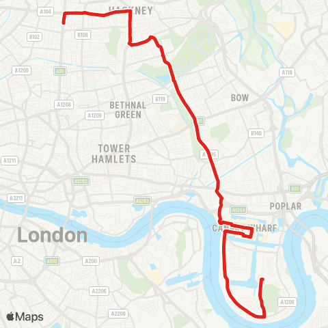 TfL Dalston Jct - Hackney Central - Mile End - Canary Wharf - Crossharbour map