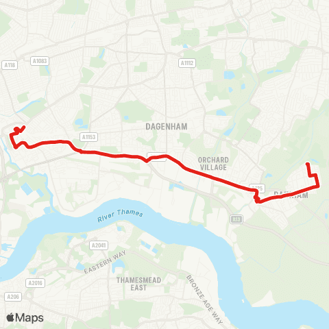 TfL Barking - Ripple Rd - Dagenham (Chequers Corner) - Upminster Rd S and N - Rainham, Abbey Wood Ln map