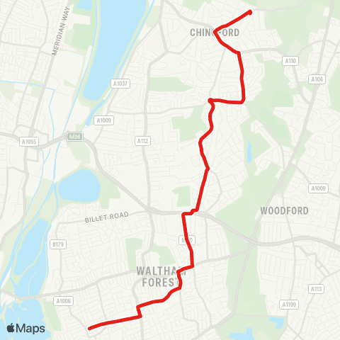 TfL Chingford Sta - Chingford Hatch - Highams Pk - Walthamstow Central - Watthamstow, St James's St Sta map