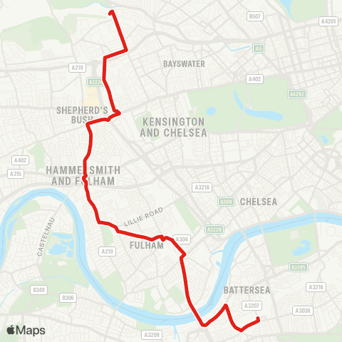 TfL Ladbroke Grove, Sainsburys - Latimer Rd Sta - Shepherd's Bush Green - Hammersmith - Charing Cross Hosp - Fulham Bway - Wandsworth Bridge - Clapham Jct map