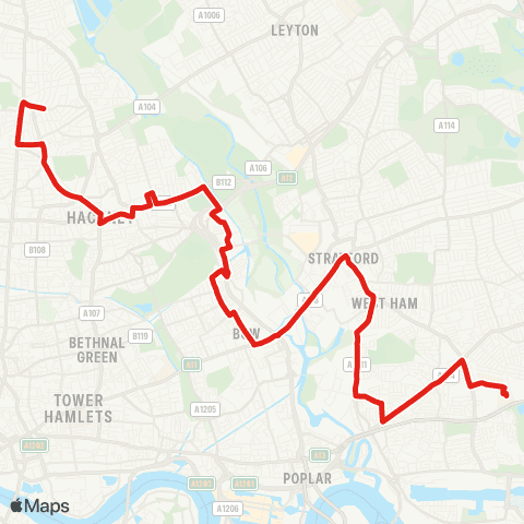 TfL Newham Hosp - Canning Town - Stratford - Hackney Central - Stoke Newington map