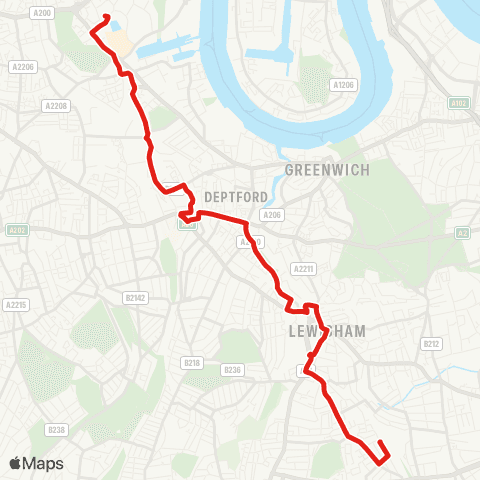 TfL Hither Green - Brookmill Rd - Lewisham - New Cross - Surrey Quays - Canada Water map