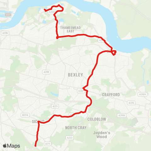 TfL Thamesmead - Belvedere - Barnehurst - Bexleyheath - Queen Mary's Hosp map