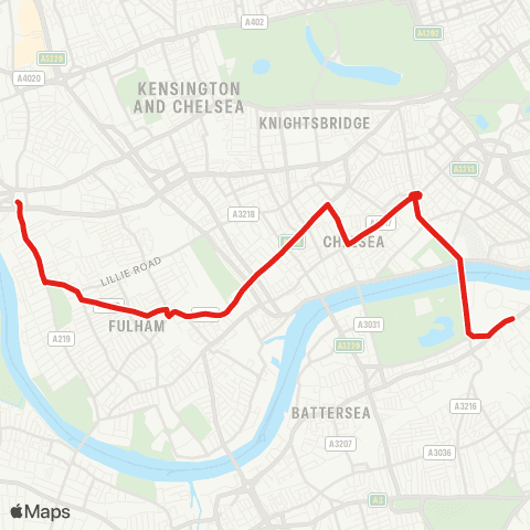 TfL Hammersmith, Bus Sta - Charing Cross Hosp - Dawes Rd - Fulham Bway - Chelsea & Westminster Hosp - Sloane Square - Battersea Power Sta map