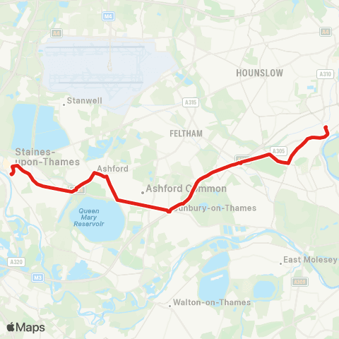 TfL Staines - Ashford - Sunbury Cross - Hampton Sainsbury's - Twickenham map