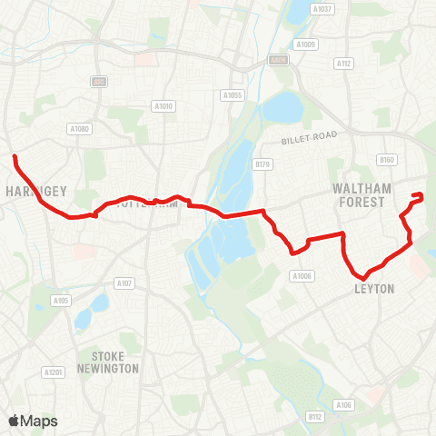 TfL Upper Walthamstow - Bakers Arms - Walthamstow Central - Tottenham Hale - Seven Sisters - Wood Green map