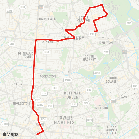 TfL Homerton Hosp - Hackney Central - Dalston Jct - Shoreditch - Aldgate map