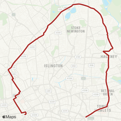 TfL Aldgate - Whitechapel - Bethnal Green - Hackney Central - Stamford Hill - Finsbury Pk - Holloway - Camden Town - Euston - - Tottenham Court Rd Sta map