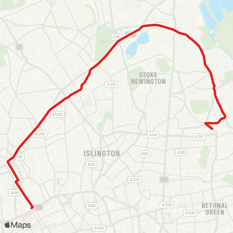 TfL Hackney Central - Stamford Hill - Finsbury Pk - Camden Town - Euston map