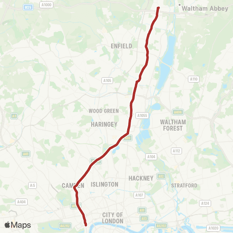 TfL Waltham Cross - Edmonton - Tottenham - Camden - Trafalgar Square map
