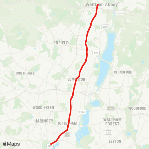 TfL Waltham Cross - Enfield Hwy - Ponders End - Edmonton - Manor House map