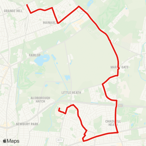 TfL Grange Hill Sta - Brocket Way (Western Arm) - Hainault - Chadwell Heath - King George Hosp map