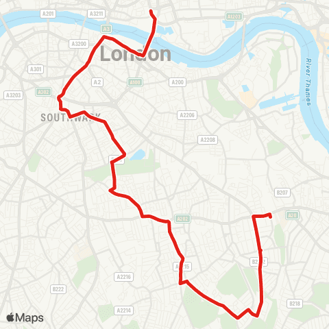 TfL Tower Gateway - Tower Bridge - London Bridge Sta - Elephant & Castle - Aylesbury Estate - Southampton Way Estate - Peckham Rye - Nunhead - New Cross Gate map