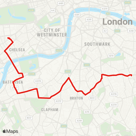 TfL Peckham - Camberwell - Brixton - Clapham N, Common & Jct - S Kensington map