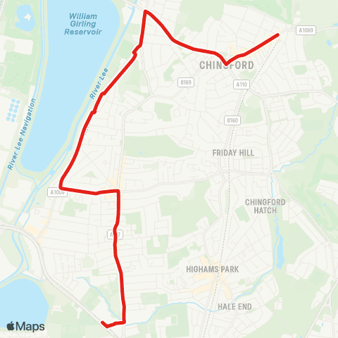 TfL Chingford Sta - Val Side - Waltham Way - Chingford Mt - Crooked Billet, Sainsbury's map