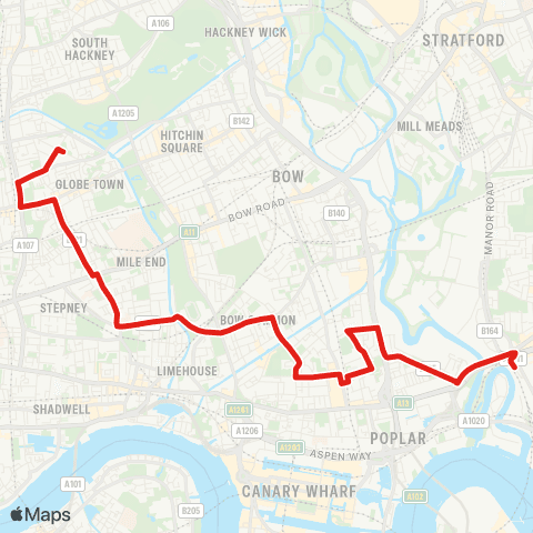 TfL Canning Town - Aberfeldy Estate - Bow Common Ln - Stepney Green - Bethnal Green, Bonner Rd map