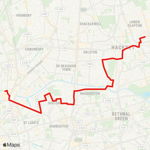 TfL Homerton Hosp - Hackney - Trelawney Estate - Bway Market - Hoxton - Islington, Angel map
