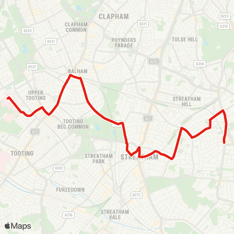 TfL W Norwood - Royal Circus - Val Rd - Streaham, St Leonard's Church - Bedford Hill - Balham - Tooting Bec - Springfield Hosp map