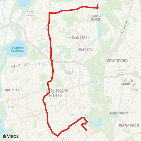 TfL Chingford Hatch - Chingford Mt - Walthamstow - Bakers Arms - Whipps Cross map