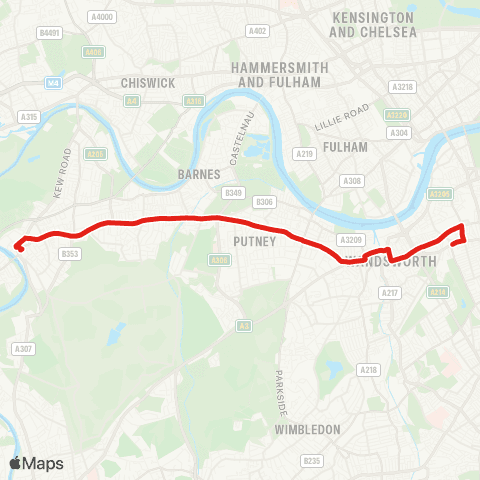 TfL Clapham Jct - Wandsworth - Putney - Barnes Common - Richmond map