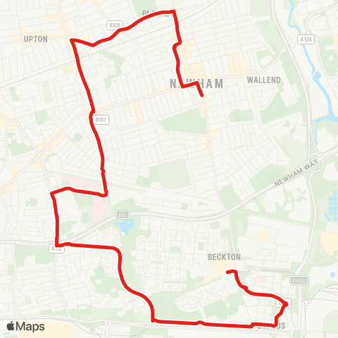 TfL Beckton Sta - Cyprus - Newham Univ Hosp - Upton Pk - E Ham, Newham Town Hall map