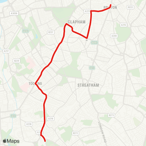 TfL Mitcham - Tooting - Balham - King's Av - Brixton map