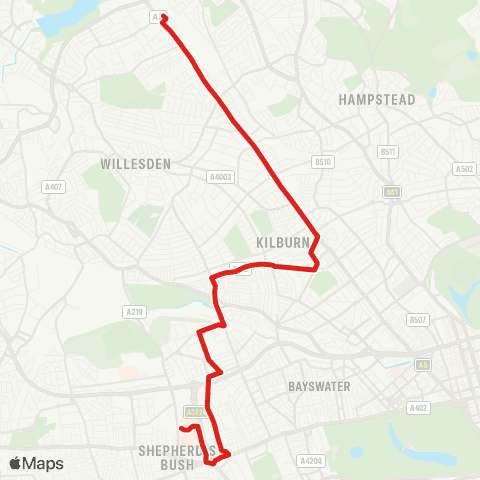 TfL Brent Cross W Sta - Cricklewood - Kilburn - Kilburn Pk - Queens Pk - Ladbroke Grove Sainsburys - Latimer Rd Sta - Shepherds Bush - White City map