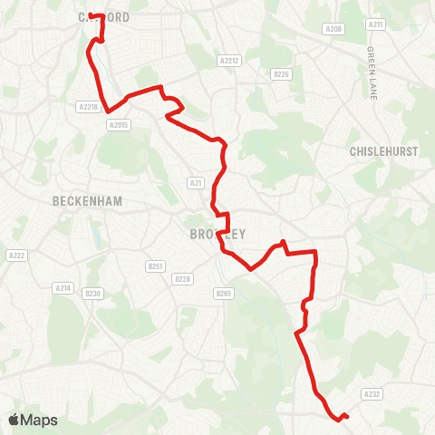 TfL Catford Bridge - Bellingham - Downham - Bromley - Bickley - Southborough - Bromley Common - Locksbottom map