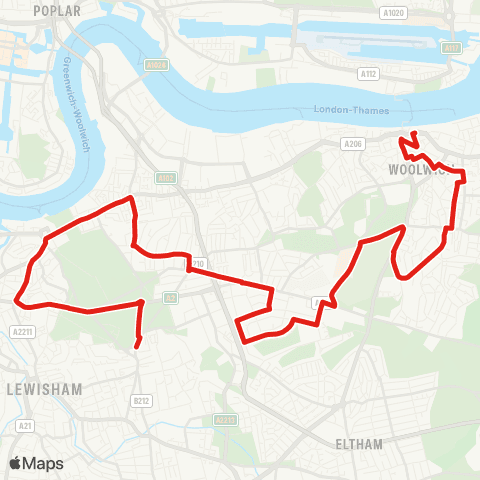 TfL Woolwich - Plumstead Common Rd - Queen Elizabeth Hosp - Blackheath (Royal Standard) - Blackheath Village map