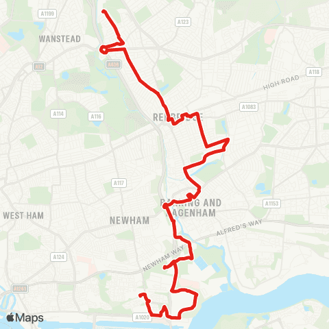 TfL Redbridge, Falmouth Gardens - Ilford - Barking - Gallions Reach - Beckton Sta map