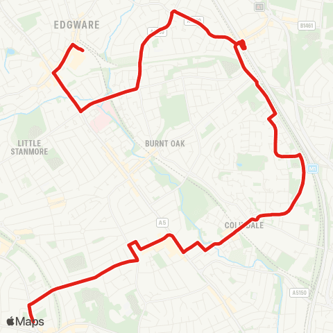 TfL Edgware Sta - Deans Ln - Hale Ln - Mill Hill Bway - Royal Air Force Museum - Grahame Pk (Quakers Course) - Colindale Sta and Superstores - Princes Av - Kingsbury Circle map