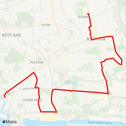 TfL E Ham Sta - Pk Av - Beckton Sta - Plaistow Greengate - Canning Town Sta map