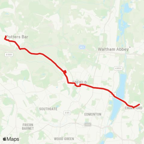 TfL Chingford Sta - Ponders End - Enfield - Botany Bay - Potters Bar map