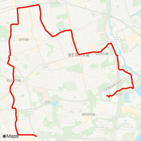 TfL Beckton Sainsbury's - E Ham - Forest Gate - Balaam St - Prince Regent Sta map