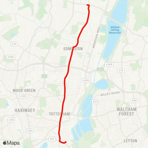 TfL Ponders End, Bus Garage - Edmonton Green - Upper Edmonton - Tottenham - Stamford Hill map
