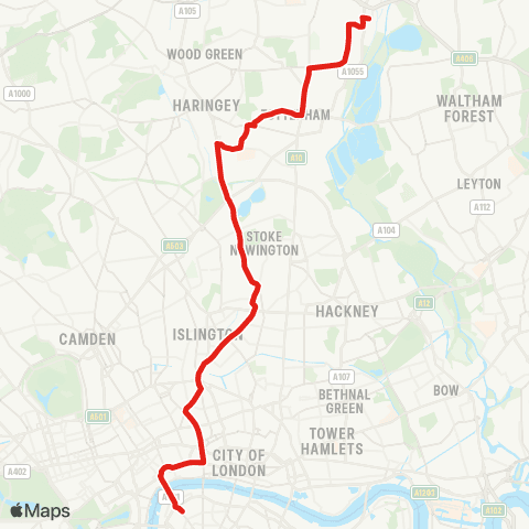TfL Meridian Water, Glover Dr Superstores - Tottenham - Islington - Aldwych - Waterloo map