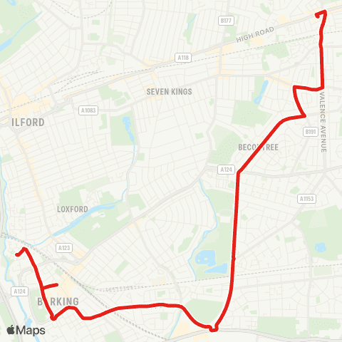 TfL Chadwell Heath - Mayesbrook Pk - Lodge Av - Ripple Rd - Barking Sta and Harts Ln map