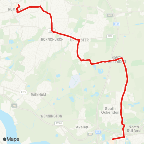 TfL Romford Market and Sta - Gidea Pk - Hornchurch - Upminster - N and S Ockendon - Lakeside map