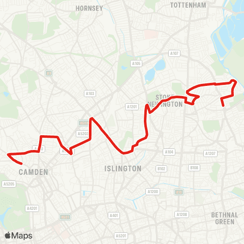 TfL Clapton Pond - Stoke Newington - Highbury - Kentish Town - Chalk Farm map