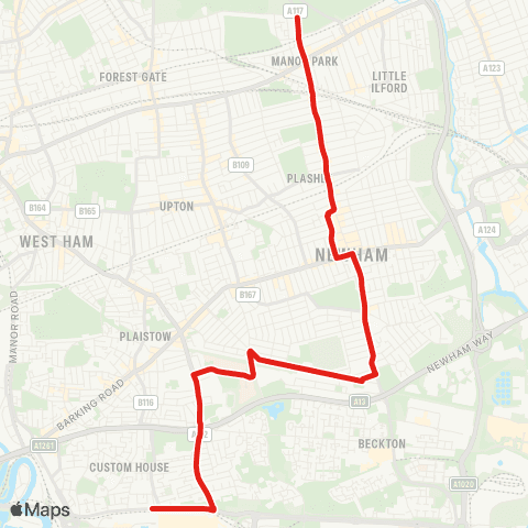 TfL Custom House Sta - Newham Univ Hosp - Lonsdale Av - E Ham - Manor Pk map