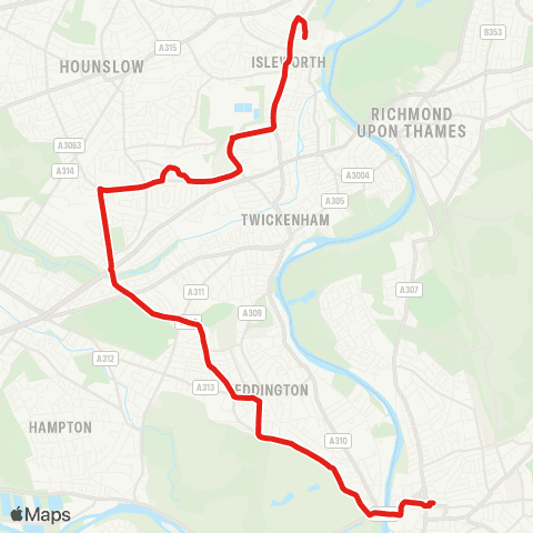 TfL Kingston - Bushy Pk - Teddington - Fulwell - Whitton - Twickenham Stadium - Mogden Ln - Isleworth, W Middlesex Hosp map