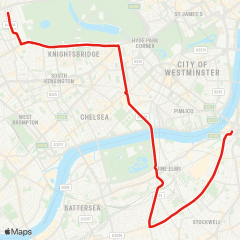 TfL Notting Hill Gate - Knightsbridge - Battersea Pk - Wandsworth Rd - Vauxhall map