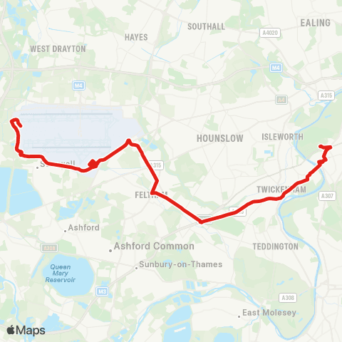 TfL Richmond, Pools On The Pk and Sta - Twickenham - Feltham - Hatton Cross - Heathrow Terminals 4 & 5 map
